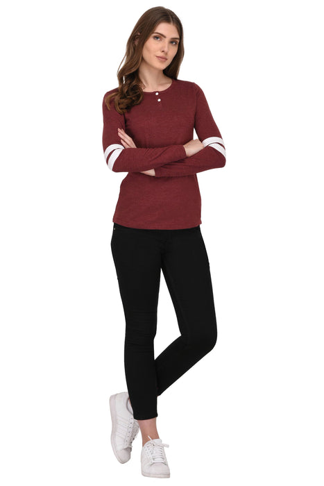 Maroon Striped Sleeves Henley Neck Tshirt