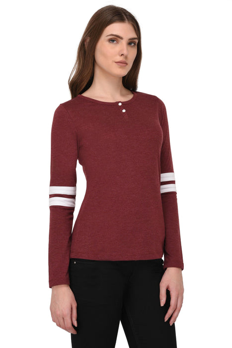 Maroon Striped Sleeves Henley Neck Tshirt