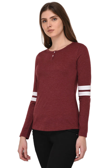 Maroon Striped Sleeves Henley Neck Tshirt