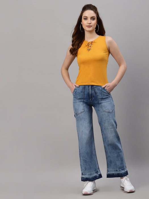 Yellow Sleeveless Top With Tie-Up Neck Detail