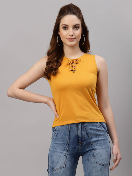 Yellow Sleeveless Top With Tie-Up Neck Detail