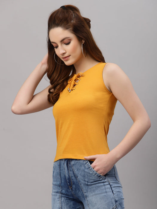 Yellow Sleeveless Top With Tie-Up Neck Detail