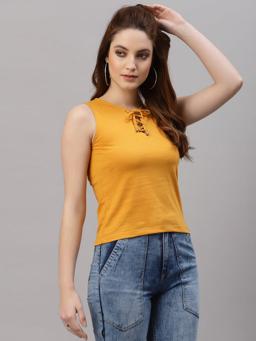 Yellow Sleeveless Top With Tie-Up Neck Detail