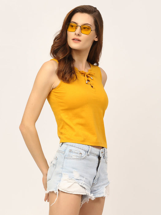 Mustard Yellow Sleeveless With Tie-Up Neck Fastening Top