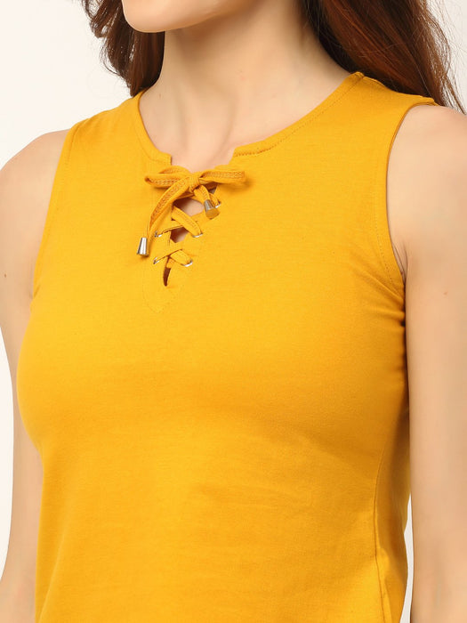 Mustard Yellow Sleeveless With Tie-Up Neck Fastening Top