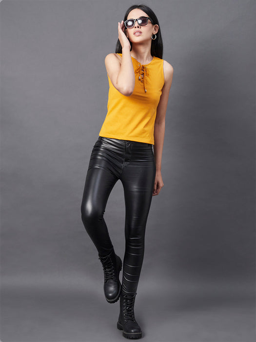 Mustard Sleeveless Tie-Up Neck Fastening Top