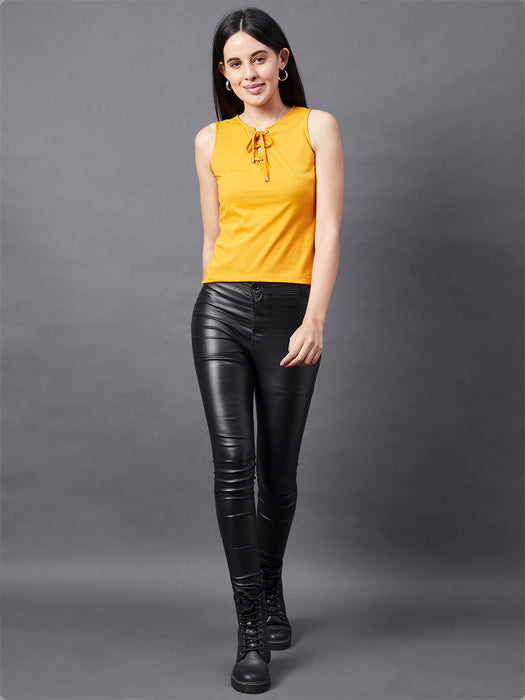 Mustard Sleeveless Tie-Up Neck Fastening Top