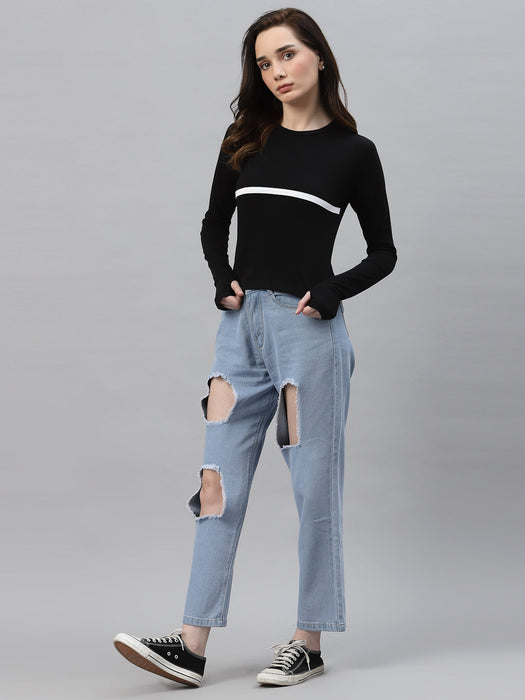 Black With Contrast Detail Round Neck Thumbhole Crop Top