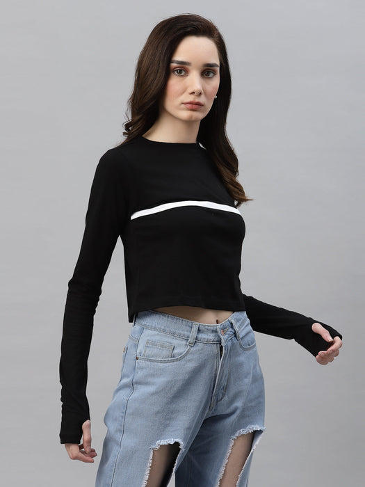 Black With Contrast Detail Round Neck Thumbhole Crop Top