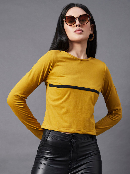 Contrast Detailing Round Neck Thumbhole Crop Top