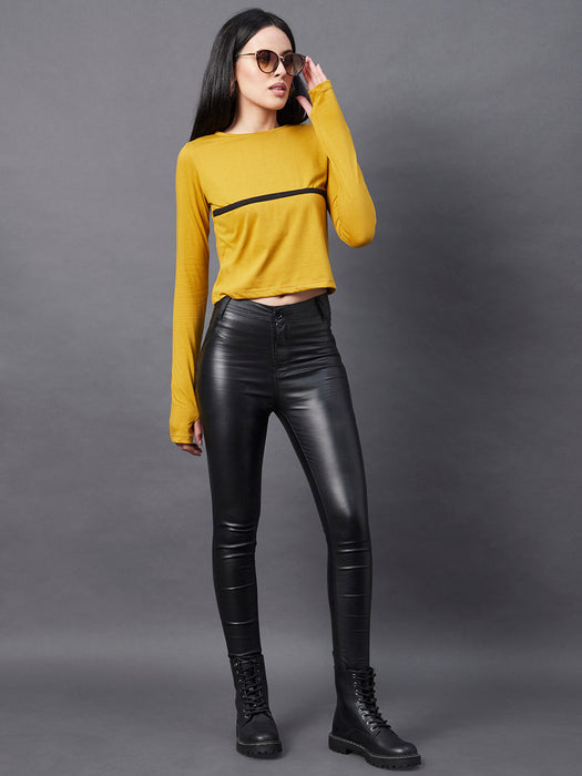 Contrast Detailing Round Neck Thumbhole Crop Top