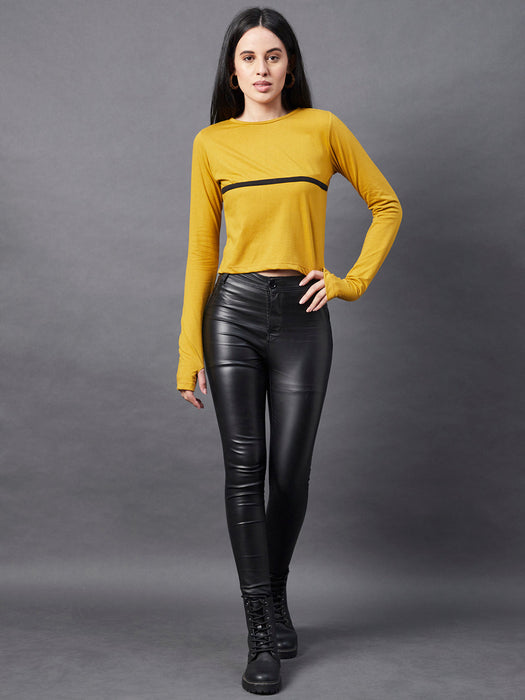 Contrast Detailing Round Neck Thumbhole Crop Top