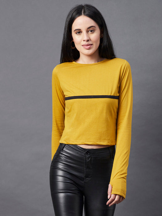 Contrast Detailing Round Neck Thumbhole Crop Top