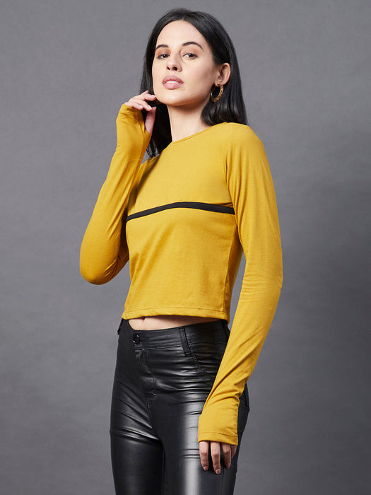 Contrast Detailing Round Neck Thumbhole Crop Top