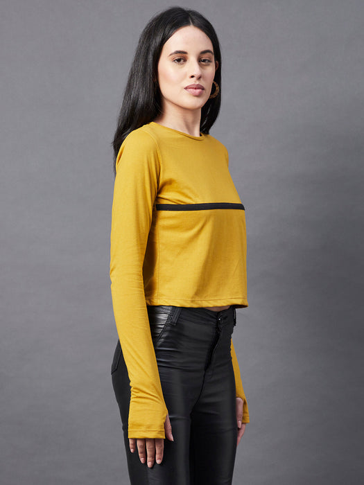 Contrast Detailing Round Neck Thumbhole Crop Top