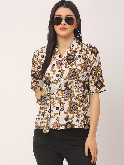 Baroque Print Notched Collar Shirt