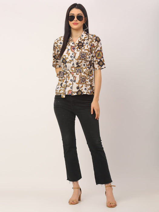 Baroque Print Notched Collar Shirt