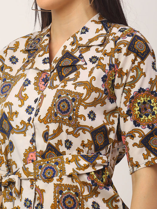 Baroque Print Notched Collar Shirt