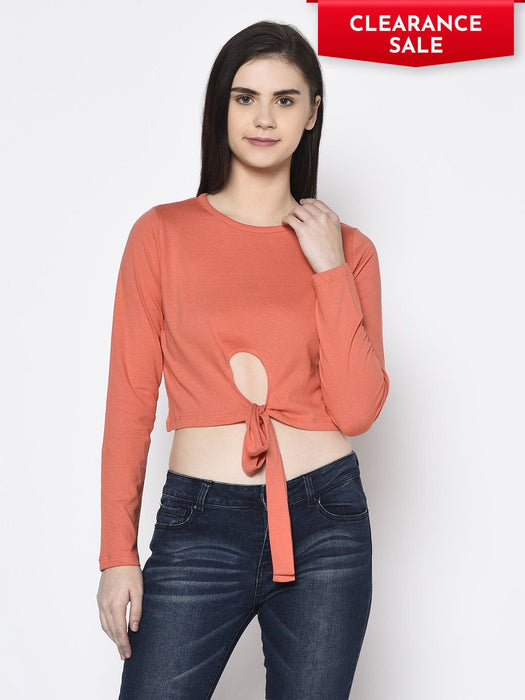 Coral Pink Bottom Detail Round Neck Crop Top