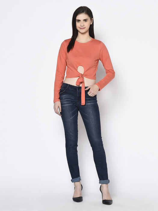 Coral Pink Bottom Detail Round Neck Crop Top