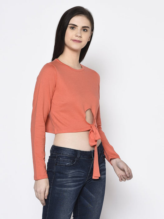 Coral Pink Bottom Detail Round Neck Crop Top