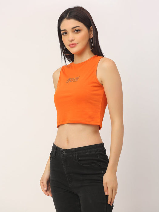 Orange GAME OVER Printed Cotton Round Neck Tank Top