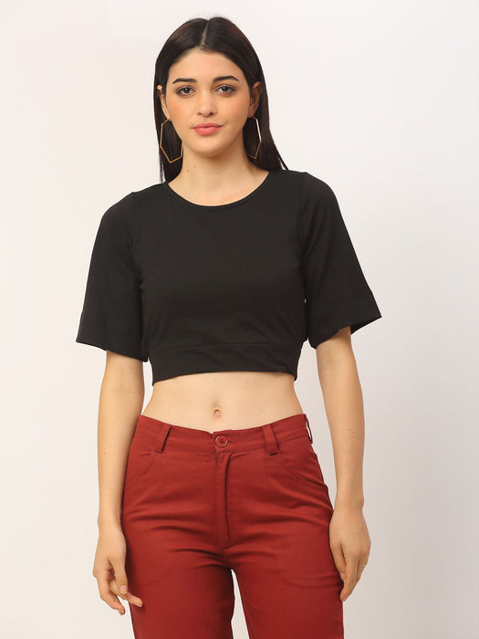 Black Back Design Round Neck Cotton Half Sleeve Crop Top