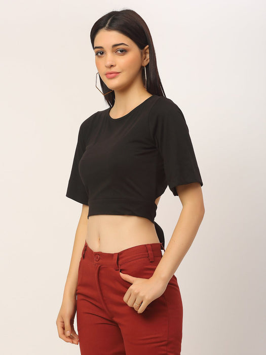 Black Back Design Round Neck Cotton Half Sleeve Crop Top