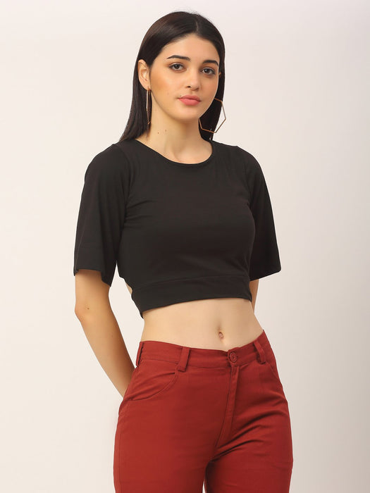 Black Back Design Round Neck Cotton Half Sleeve Crop Top