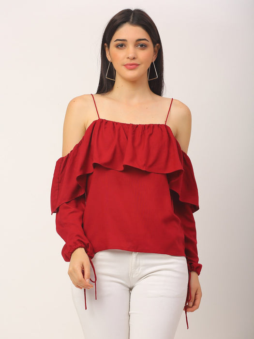 Maroon Rayon Frill Off Shoulder Top