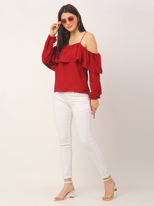 Maroon Rayon Frill Off Shoulder Top