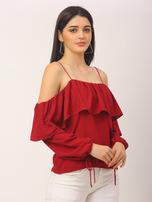 Maroon Rayon Frill Off Shoulder Top