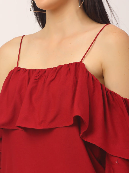 Maroon Rayon Frill Off Shoulder Top