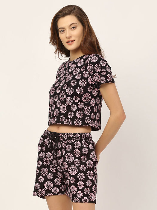 Black All Over Printed Cotton Half Sleeve Crop Top