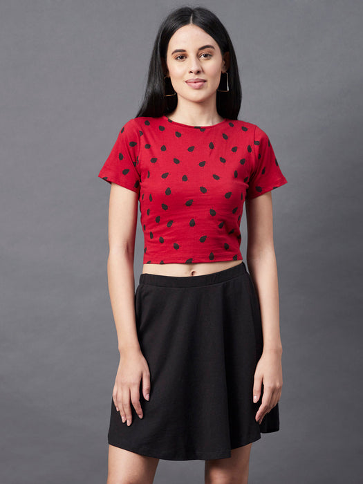 Maroon All Over LADY BUG Print Round Neck Short Sleeve Crop Top