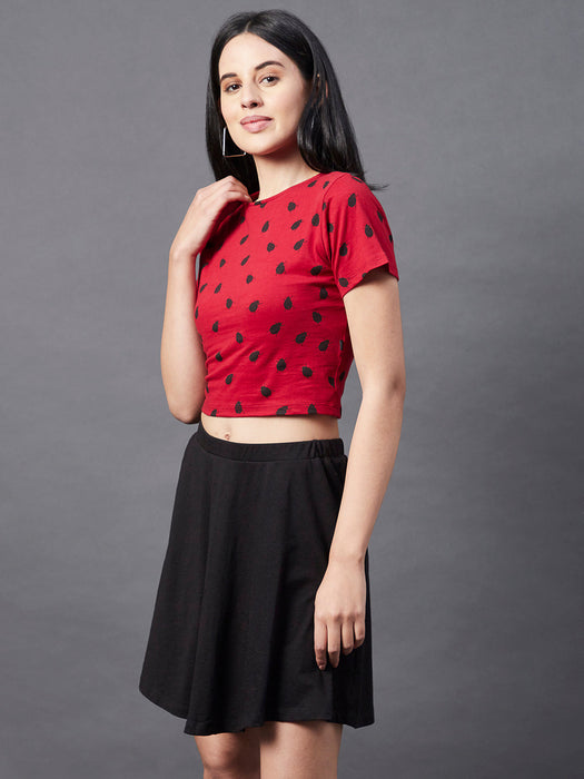 Maroon All Over LADY BUG Print Round Neck Short Sleeve Crop Top