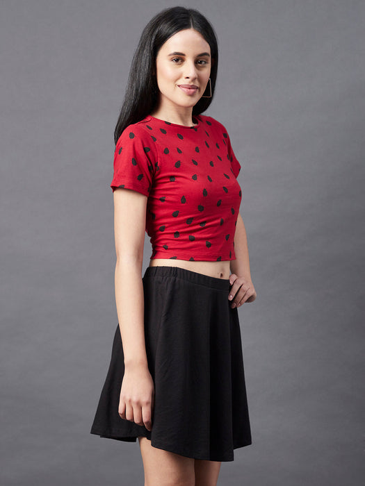 Maroon All Over LADY BUG Print Round Neck Short Sleeve Crop Top