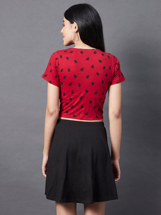 Maroon All Over LADY BUG Print Round Neck Short Sleeve Crop Top