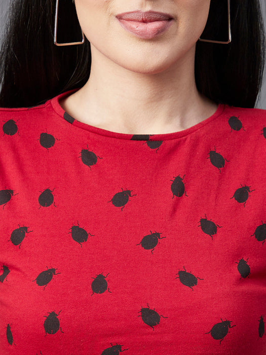 Maroon All Over LADY BUG Print Round Neck Short Sleeve Crop Top