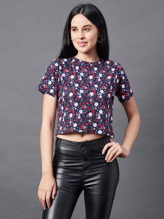 Navy Floral Print Round Neck Short Sleeve Crop Top