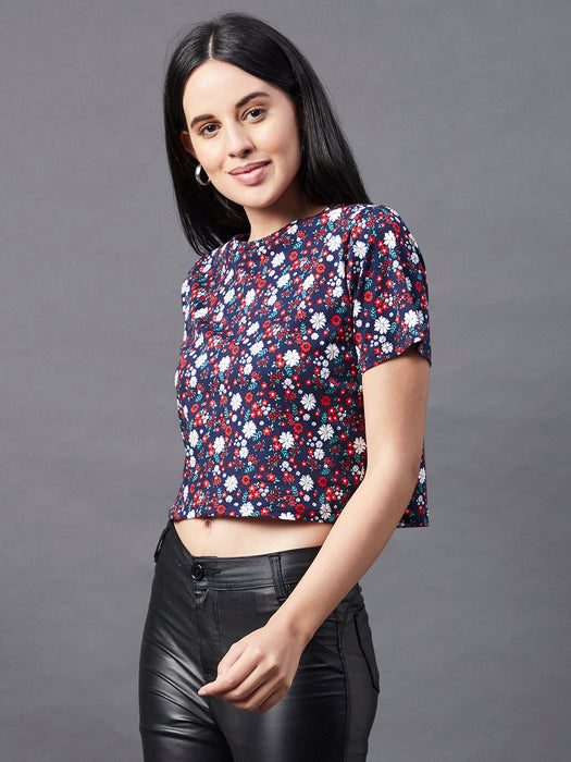 Navy Floral Print Round Neck Short Sleeve Crop Top