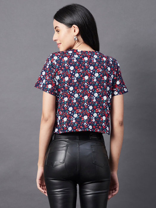 Navy Floral Print Round Neck Short Sleeve Crop Top