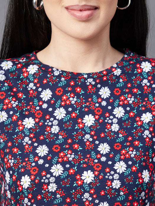 Navy Floral Print Round Neck Short Sleeve Crop Top