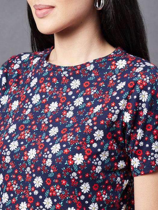 Navy Floral Print Round Neck Short Sleeve Crop Top