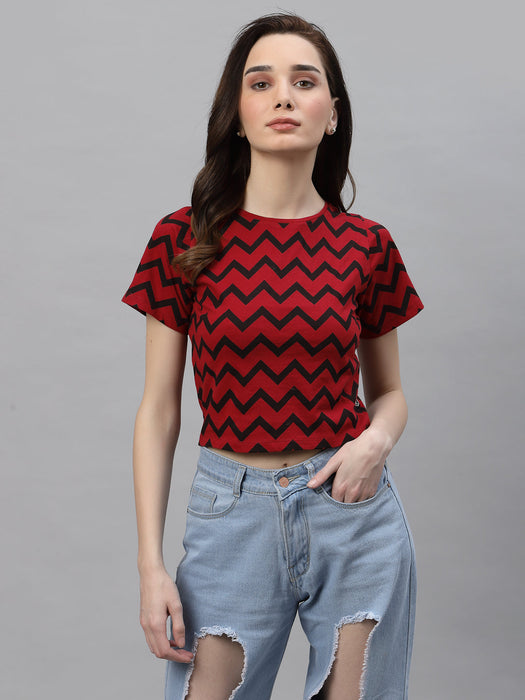 Maroon Zig-Zag Print Round Neck short Sleeve Crop Top