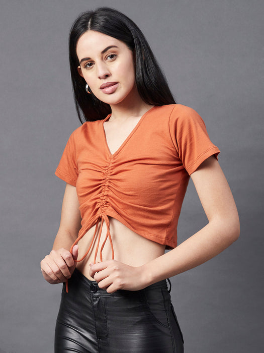 Rust Knotted Short Sleeve Crop Top