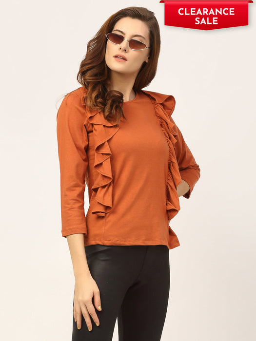 Rust Round Neck Cotton Full Sleeve Ruffle Top