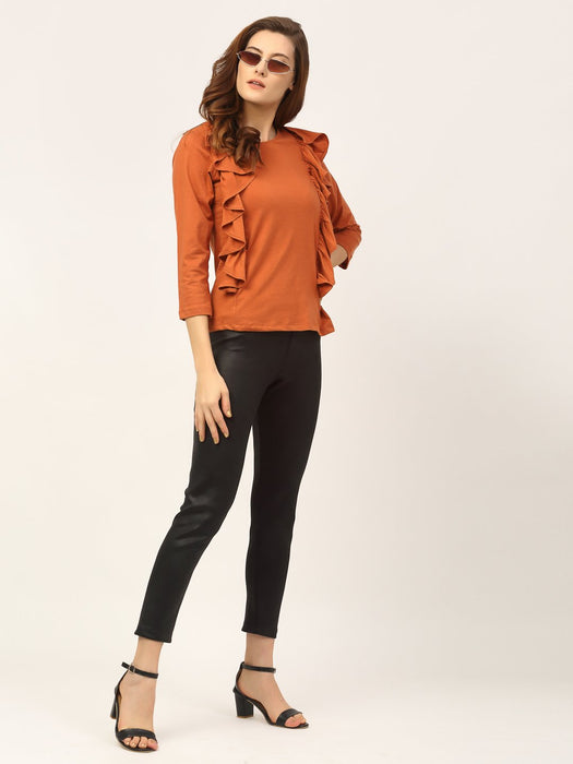 Rust Round Neck Cotton Full Sleeve Ruffle Top