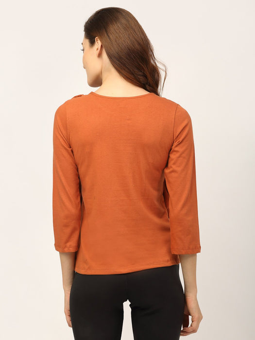 Rust Round Neck Cotton Full Sleeve Ruffle Top