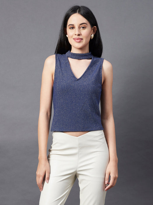 Navy Halter Neck Shimmering Sleeveless Top